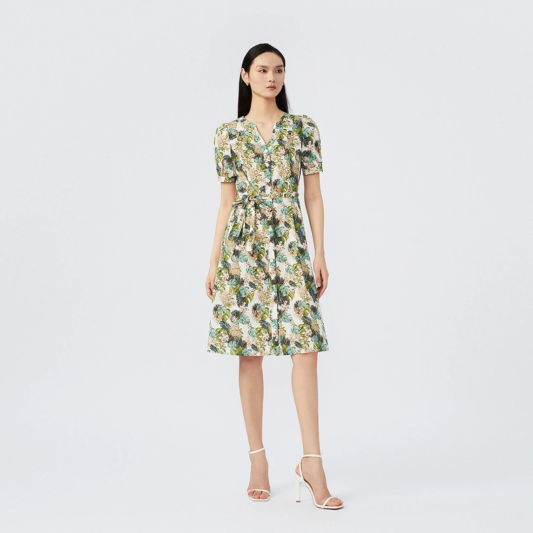 夏款V领碎花短袖连衣裙女中长款收腰显瘦朗姿集团