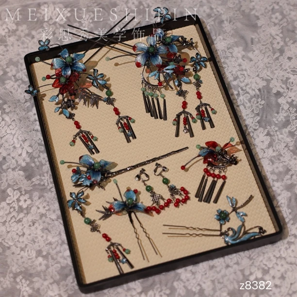 z8382新娘中式晨袍发簪仿清代景泰蓝蓝汉服头饰古典减龄