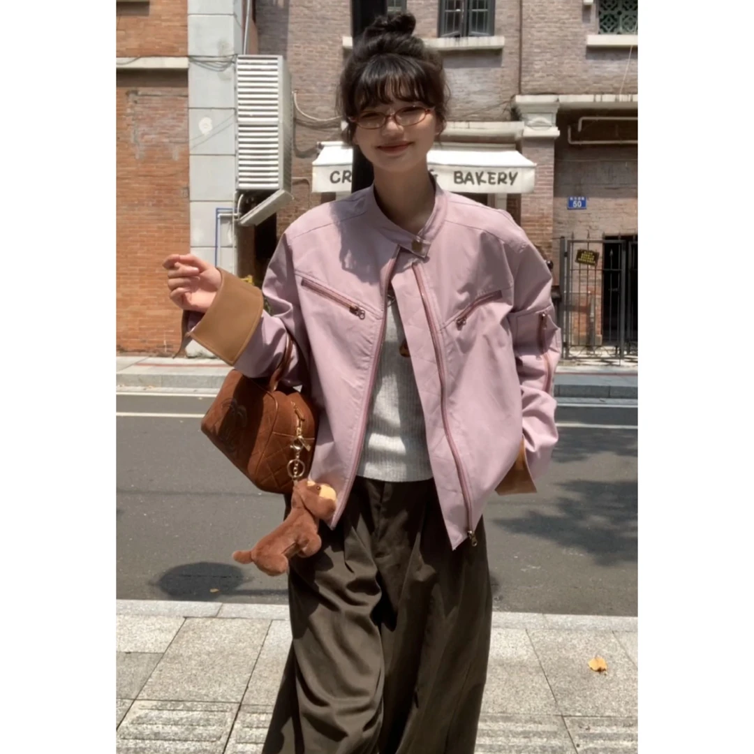 觅定紫色短款外套秋季女装韩系冲锋衣夹克小个子黑色上衣DS10860