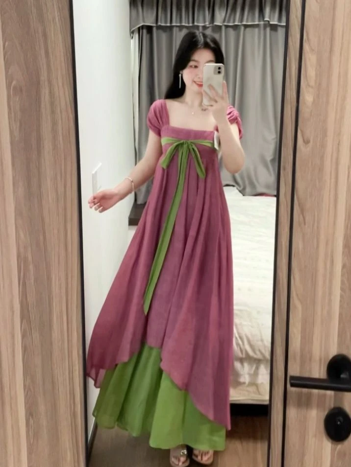 2025连衣裙时尚套装泡泡袖裙子长裙气质宽松休闲风女装复古吊带裙