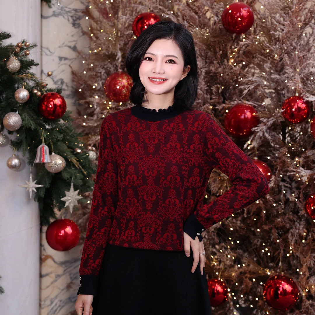 枫竺阿楠anan木耳边半高领撞色提花羊毛针织衫女保暖通勤红色毛衣