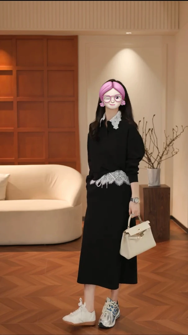 25春季时尚休闲套装裙蕾丝拼接上衣+半身裙两件套减龄洋气