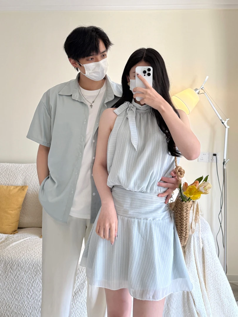 情侣装夏季小众设计条纹收腰女连衣裙男短袖衬衫一裙一衣