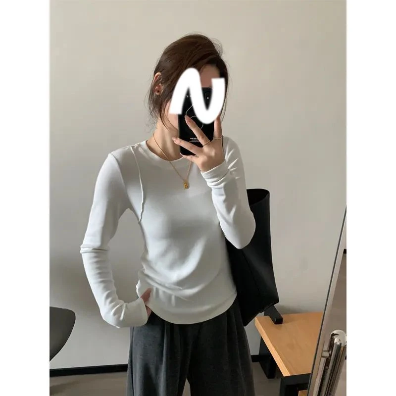 大码胖mm200斤简约纯色圆领正肩长袖t恤女秋季百搭遮肉显瘦打底衫