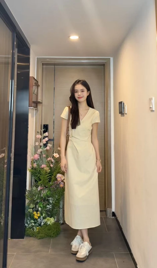 AN.XIN【甜橘之夏~杏色】夏季小个子纯色显白绑带收腰连衣裙2020