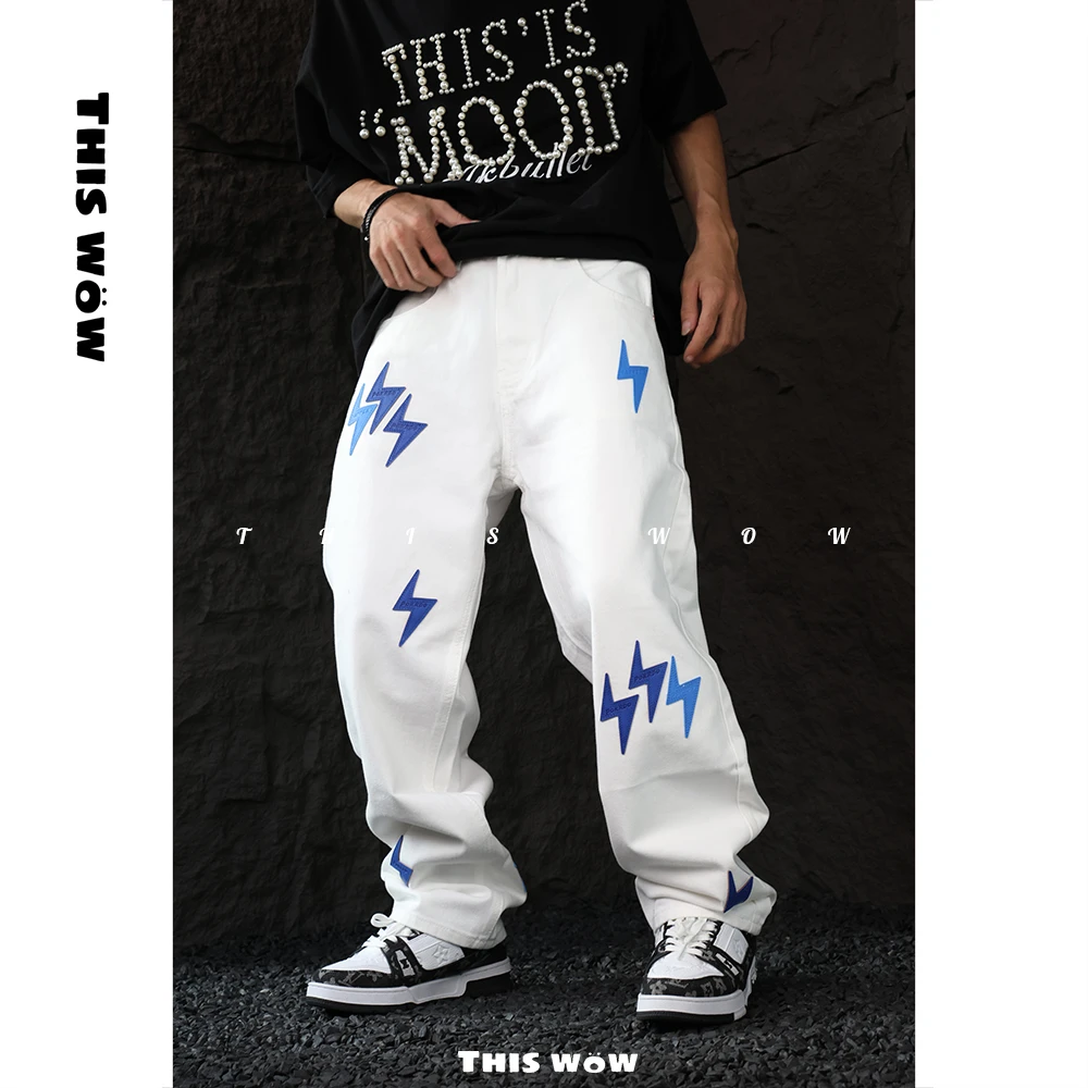 THIS WOW香港雪山熊猫涉谷直筒宽松美式皮标牛仔裤老白同款百搭