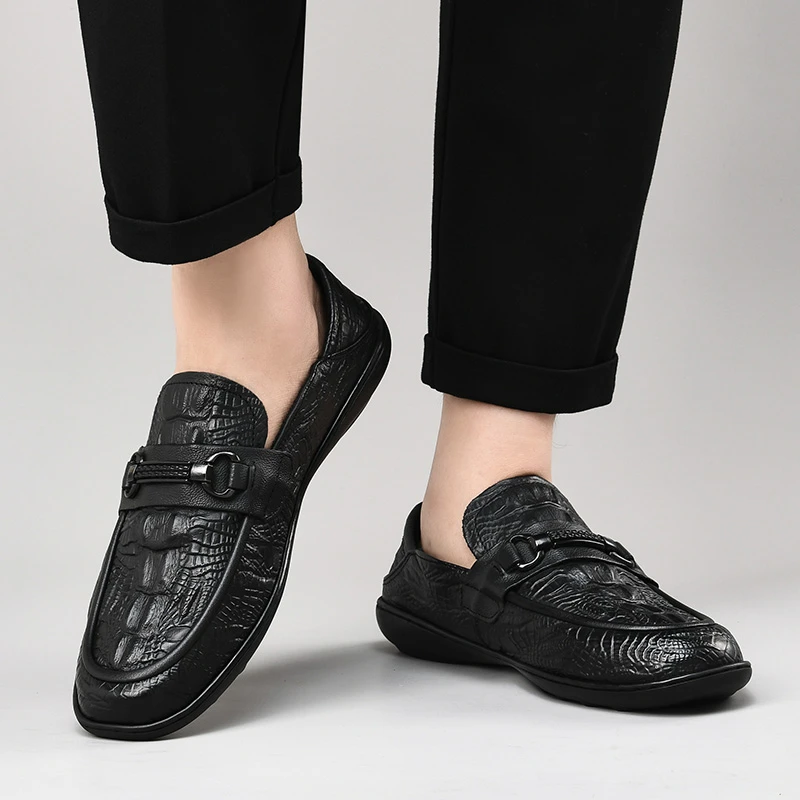 头层牛皮透气豆豆鞋套脚休闲皮鞋鳄鱼纹百搭软底夏季休闲鞋男士