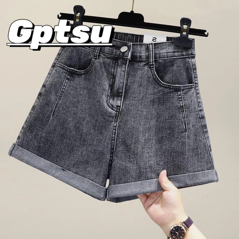 GPTSu黑灰牛仔短裤女宽松卷边2025夏季款弹力高腰胖妹妹外穿热裤