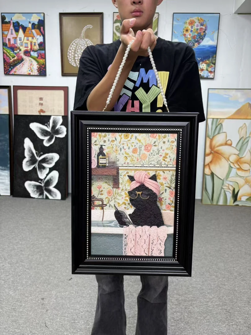复古文艺风小众高级感富婆奶茶猫咪卡通客厅装饰画3040