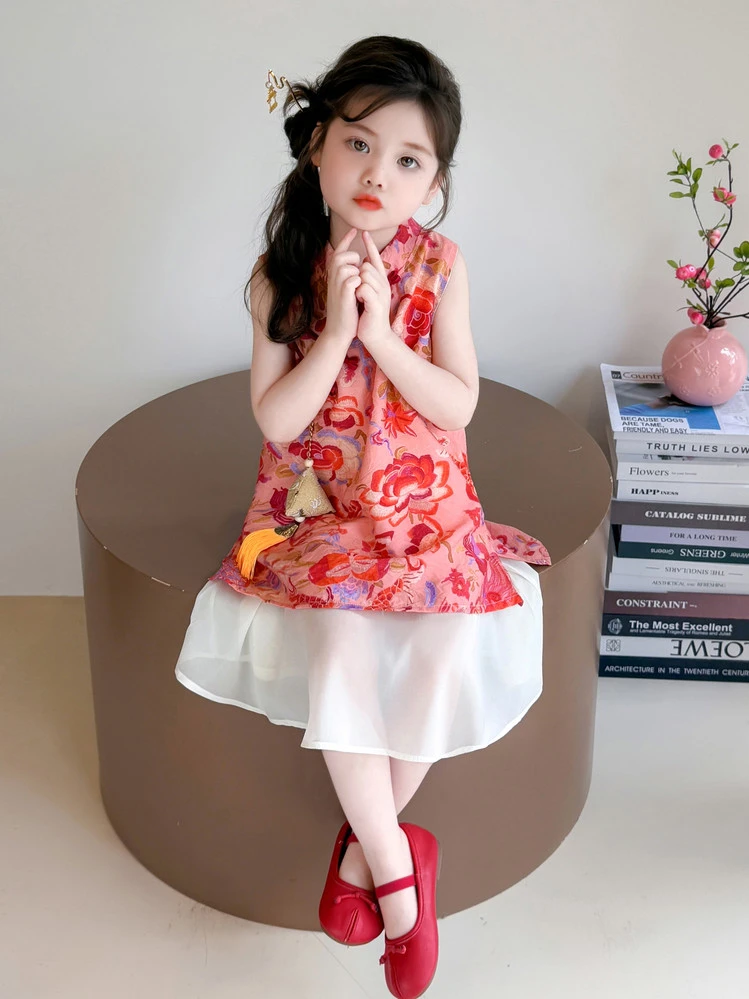 旗袍裙复古印花夏季纯色实拍有模特古风时尚碎花公主