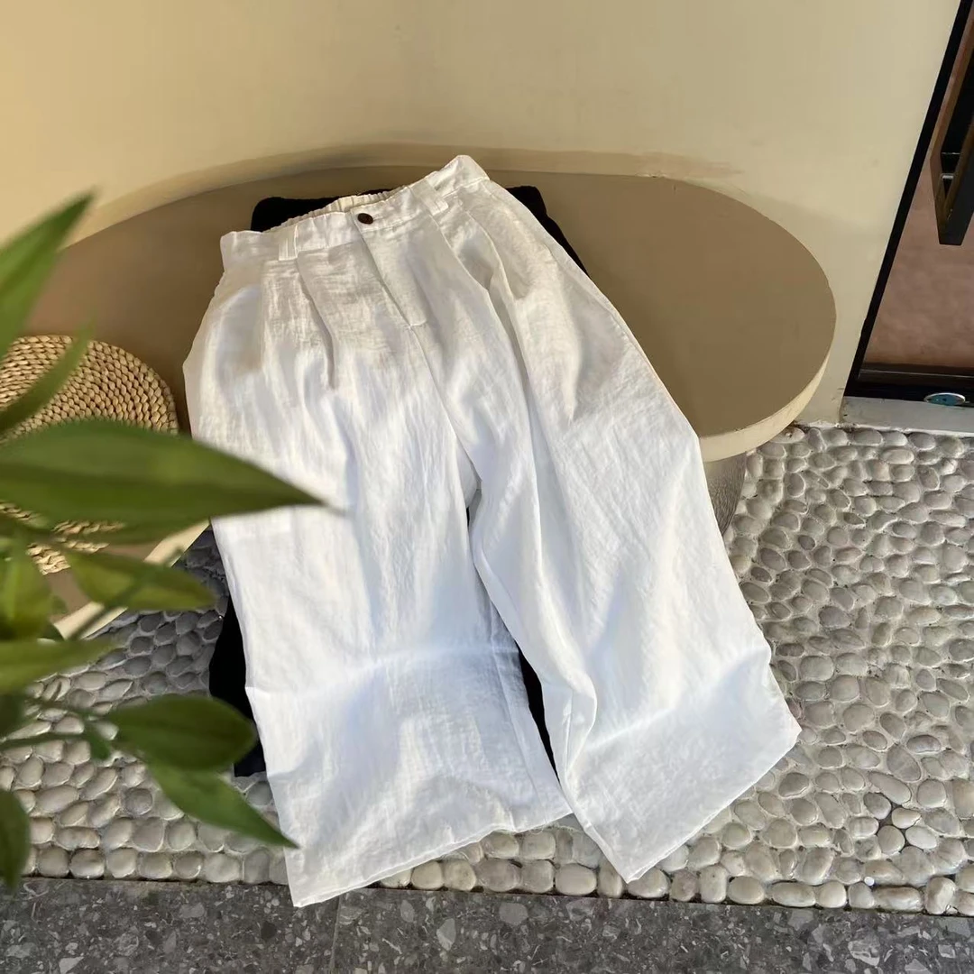 涵儿家 简约薄款松弛感半松紧腰宽松版捏褶阔腿裤-80325