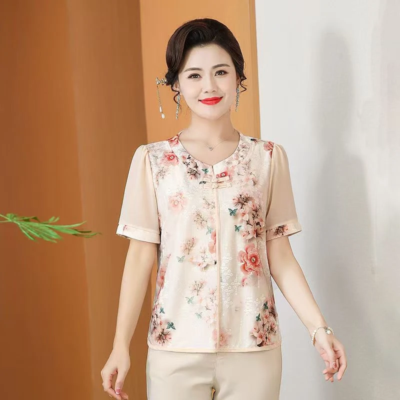 碎花圆领常规福态中老年女装时尚夏季复古盘扣提花短袖（伊）2513