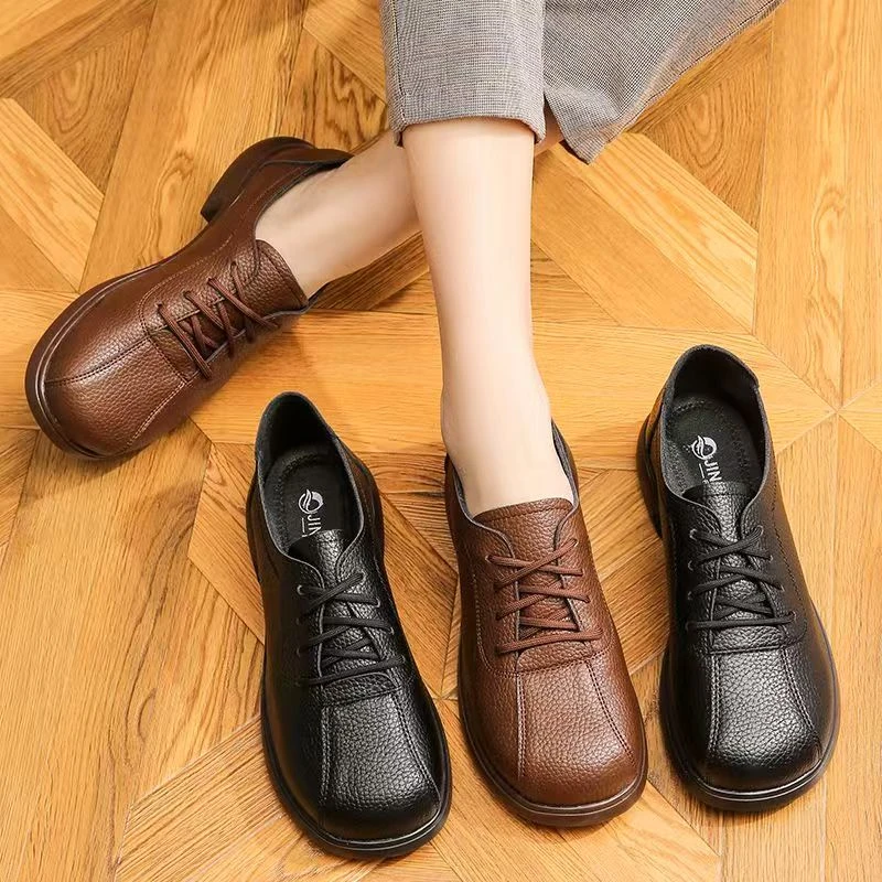 2025真皮春秋新款皮鞋复古英伦防滑单鞋子软底女鞋妈妈乐福鞋