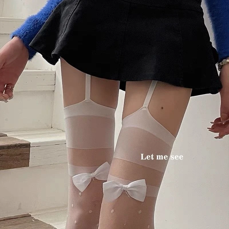 Tips 圆点辣妹性感蝴蝶结波点丝袜薄款过膝吊带长筒袜大腿长筒
