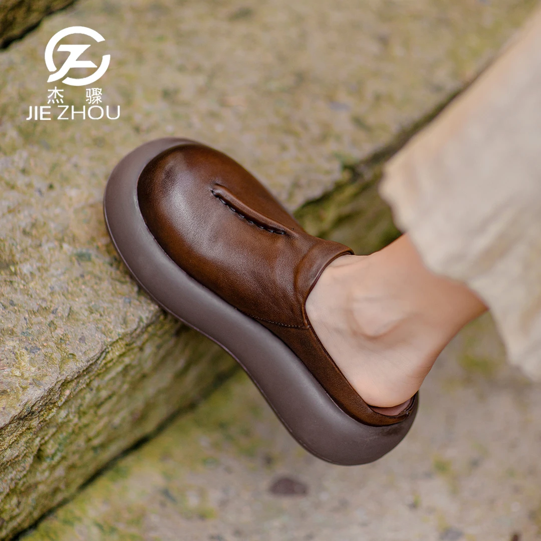 杰骤春夏季厚底半拖女鞋小个子增高松糕拖鞋头层牛皮复古包头拖鞋