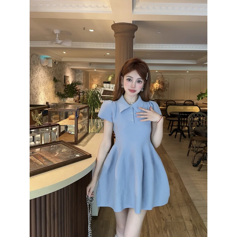衬衫领弹力娃娃裙2025夏季新款设计感收腰显瘦蓬蓬a字短裙连衣裙