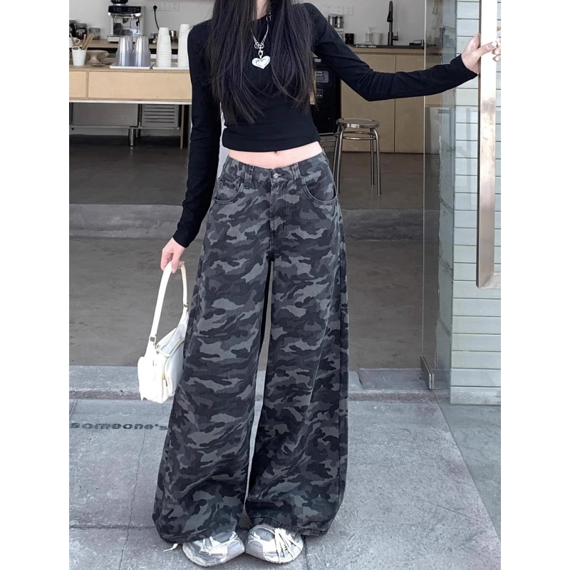 美式复古迷彩阔腿牛仔裤女2025春秋新款高腰宽松阔腿裤休闲拖地裤