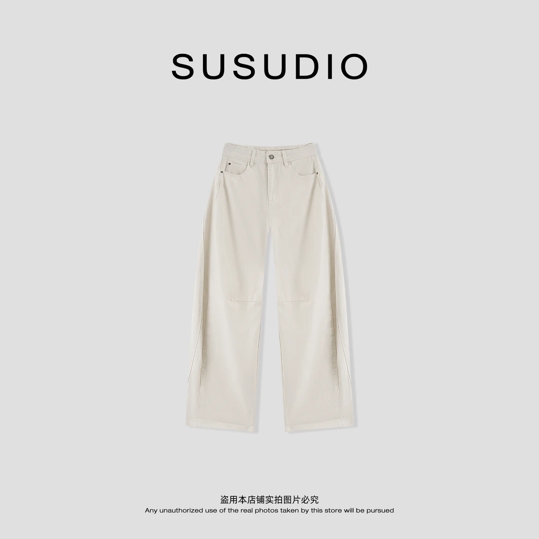 SUSUDIO 100棉 早秋美式复古宽松休闲设计感弯刀牛仔裤40666