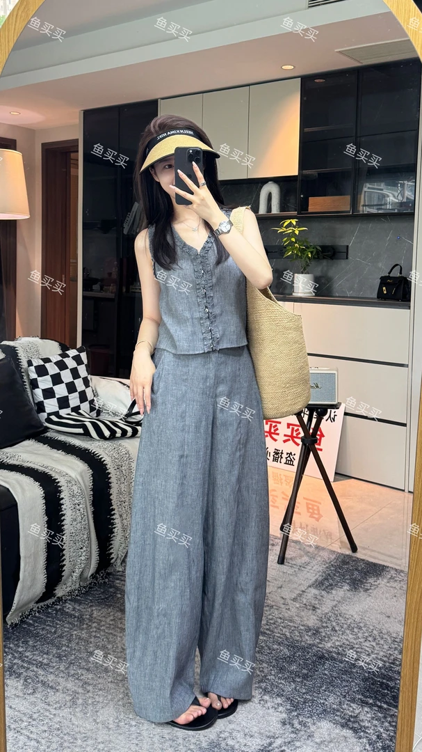 2025新款夏季韩版背心显瘦木耳边小衫弯刀阔腿裤亚麻套装两件套女