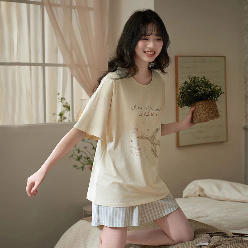 马克公主带胸垫睡衣女夏季莫代尔短袖三件套凉感棉可爱少女家居服