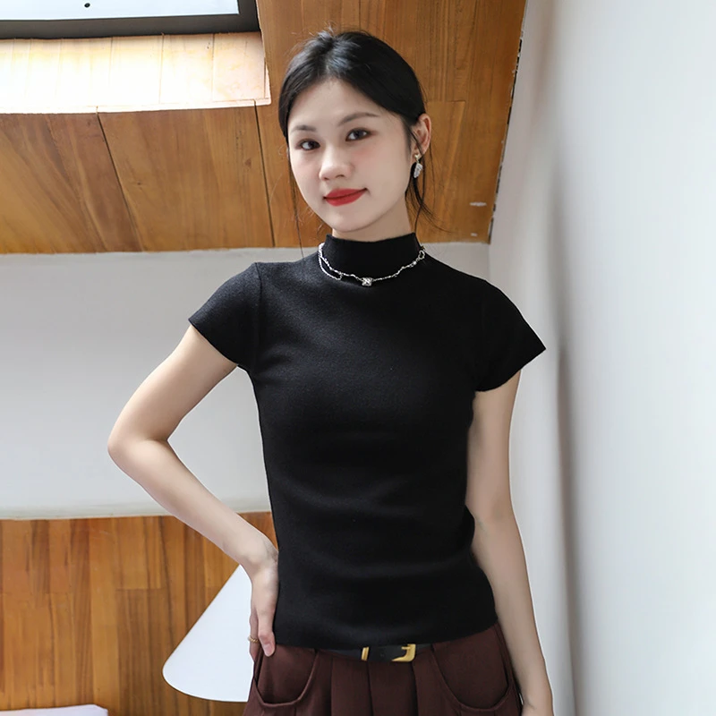 2025早春纯欲极简修身小飞袖半高领亲肤绒针织衫打底衫纯色上