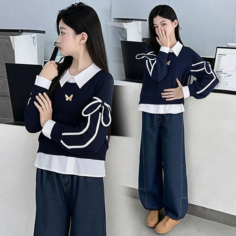 12-15岁女大童秋款卫衣时髦新款儿童别致上衣韩版女孩假两件衬衫