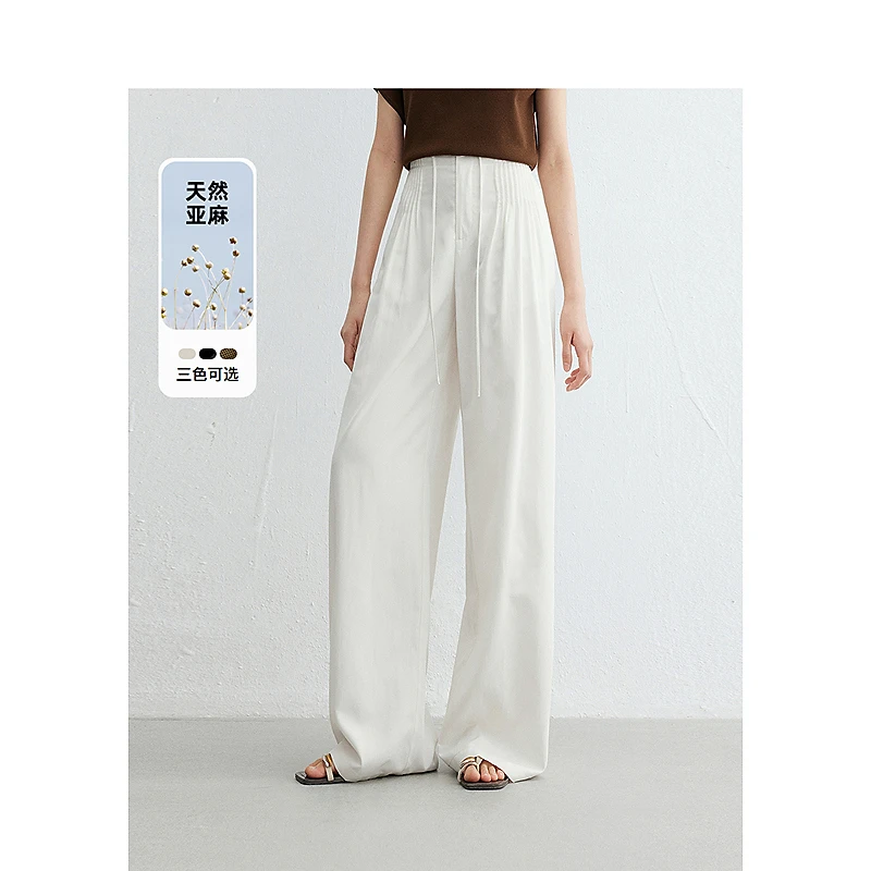 迪赛尼斯夏季通勤气质宽松直筒拖地裤亚麻高腰休闲裤女