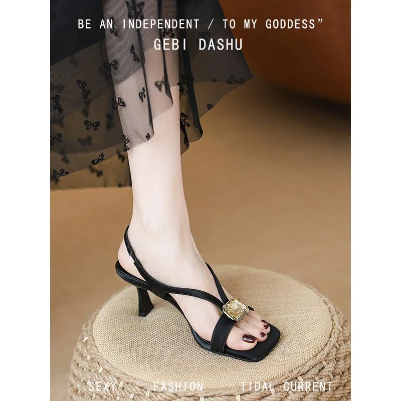 真软皮法式复古时装凉鞋女2025春季新款水钻露趾罗马风细跟高跟鞋