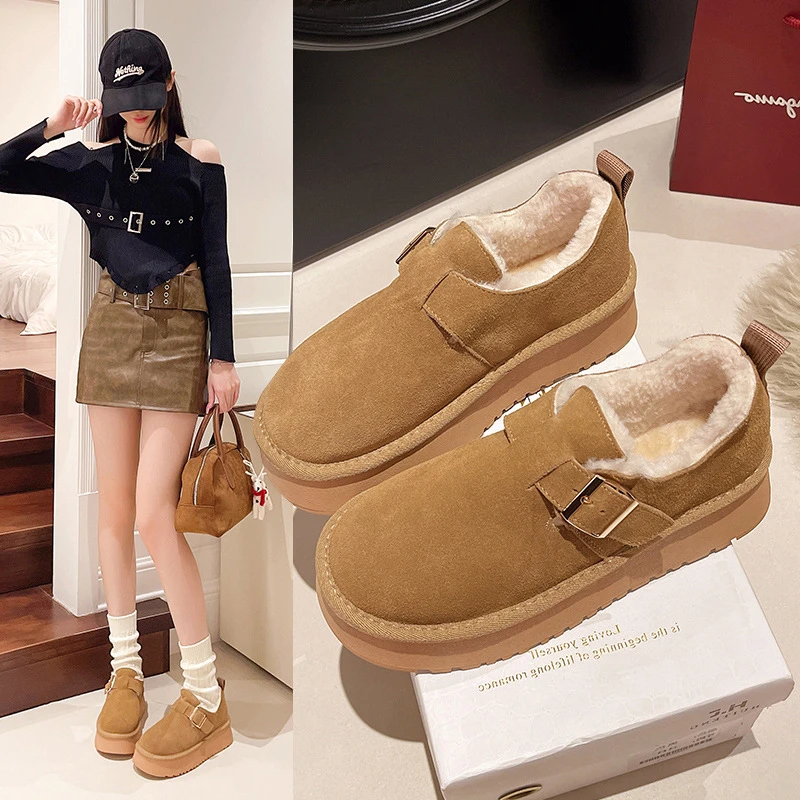 复古毛毛勃肯鞋女加绒豆豆鞋2025新款冬季懒人厚底一脚蹬保暖棉鞋