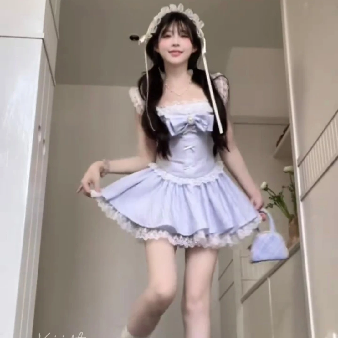 法式蓝色蝴蝶结蕾丝吊带连衣裙女夏季甜美纯欲风生日公主蓬蓬裙子