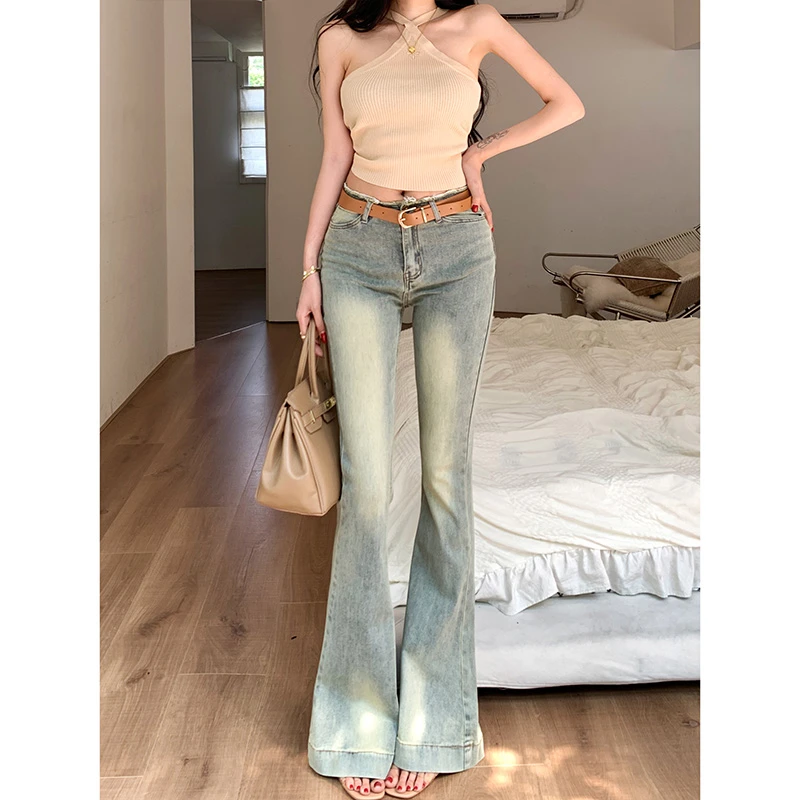 浅色毛边修身微喇牛仔裤女2025年秋季新款性感低腰显瘦设计感长裤
