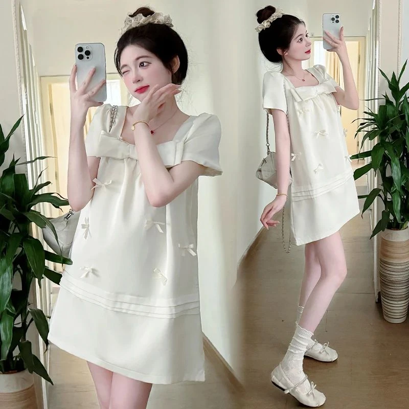 孕妇连衣裙夏季孕妈高级感穿搭法式蝴蝶结公主裙小个子短款娃娃裙