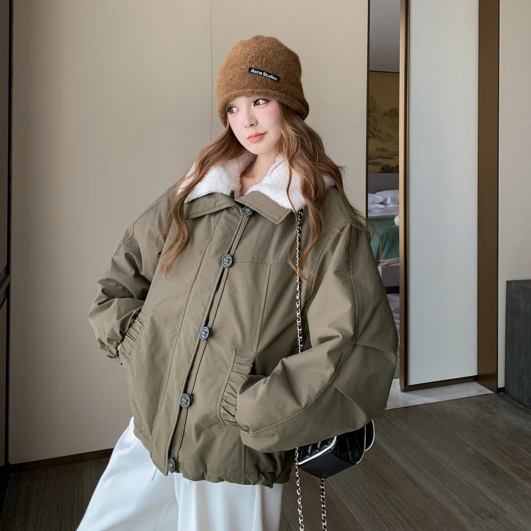 军绿色加绒加厚毛领派克服外套2025新款女冬韩系拼接休闲夹克棉服