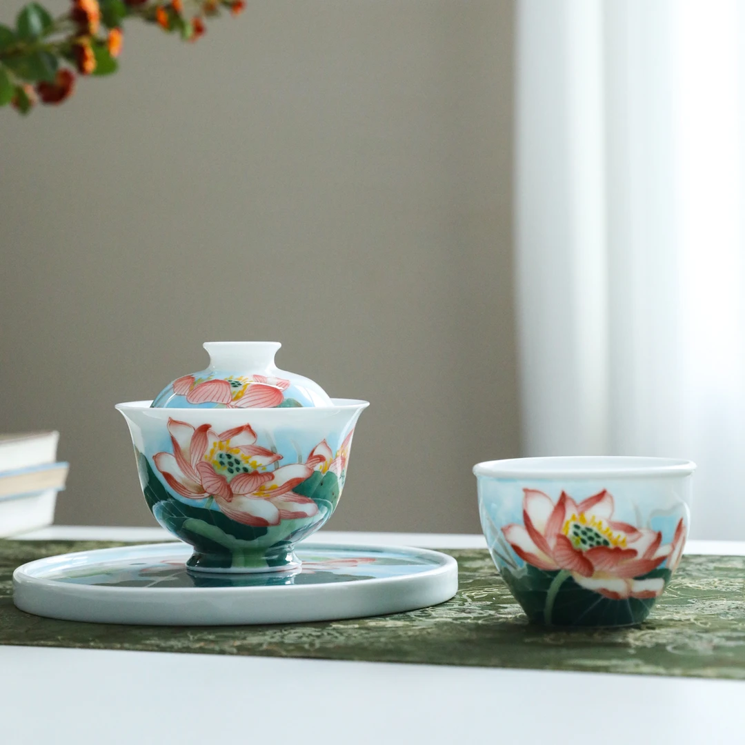 官润窑手工手绘陶瓷盖碗釉下彩泡茶碗壶承女士高端茶具荷花主人杯