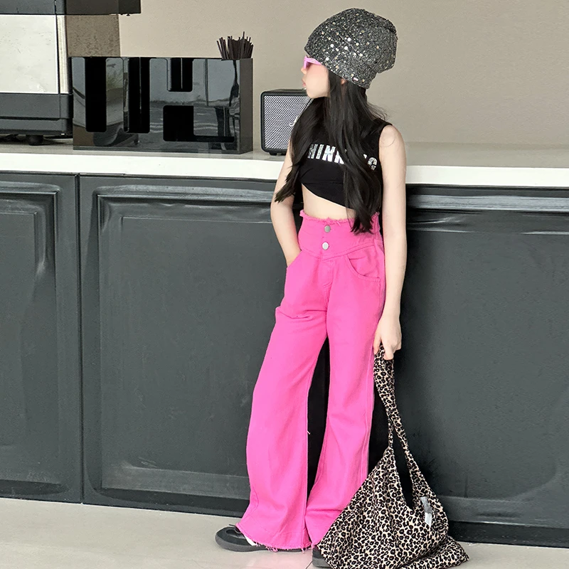 女童爵士舞服装jazz走秀短袖露脐潮服女团高腰牛仔裤舞蹈演出服夏