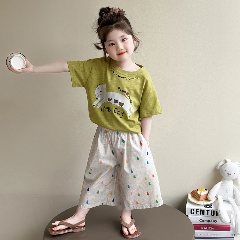 女童夏季短袖套装2025新款儿童休闲阔腿裤宝宝洋气舒适卡通两件套