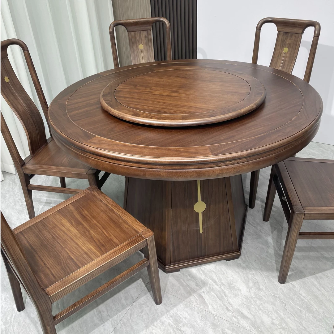 北美黑胡桃木约餐桌椅组合别墅大户型客厅饭桌新中式实木家具圆桌