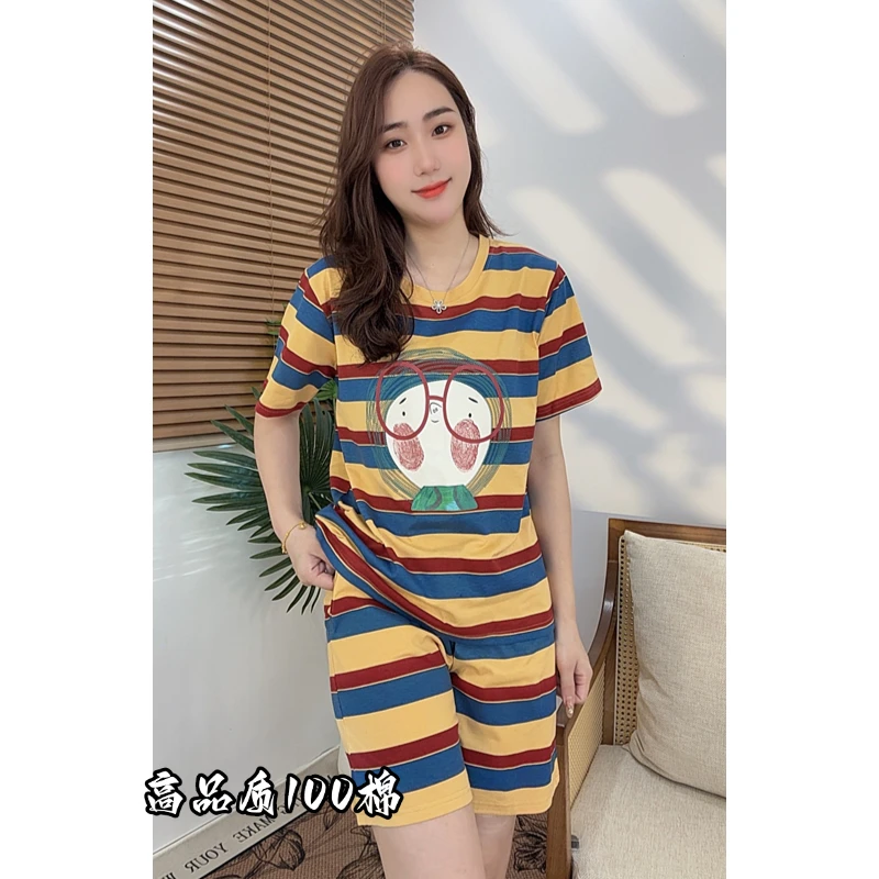 胸垫版睡衣女新款纯棉夏季短袖短裤可外穿家居服套装（多巴胺条纹）