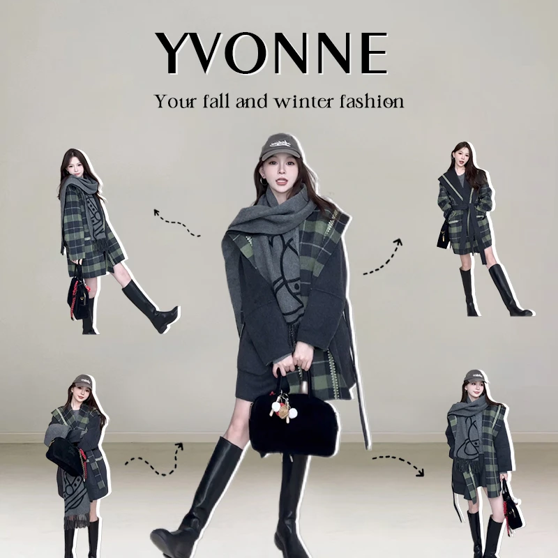 ISYVONNE  / 普拉多街区 阿尔巴卡羊驼绵羊毛限定格纹双面呢大衣