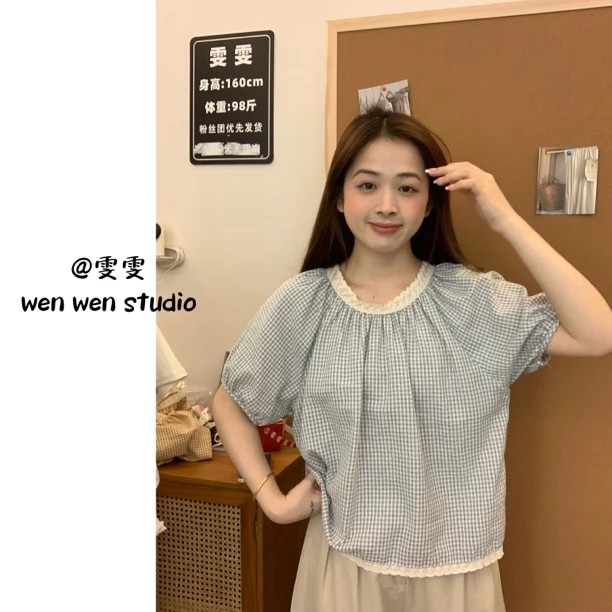 【雯雯】韩版甜美宽松复古格纹蕾丝花边小衫