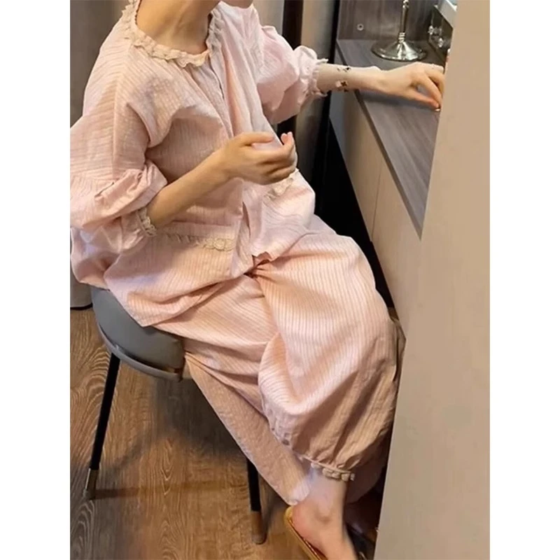 【甜美花边】法式纯色睡衣女春秋季2025新款舒适棉纱家居服两件套