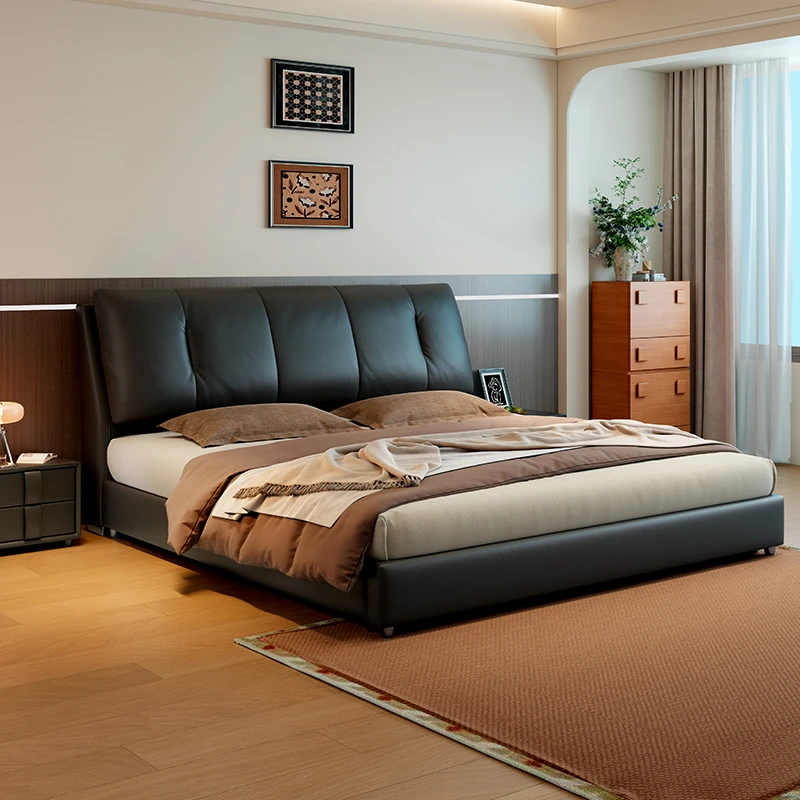 意式轻奢皮艺床双人床现代简约大气储物大床实木软包床主卧室婚床