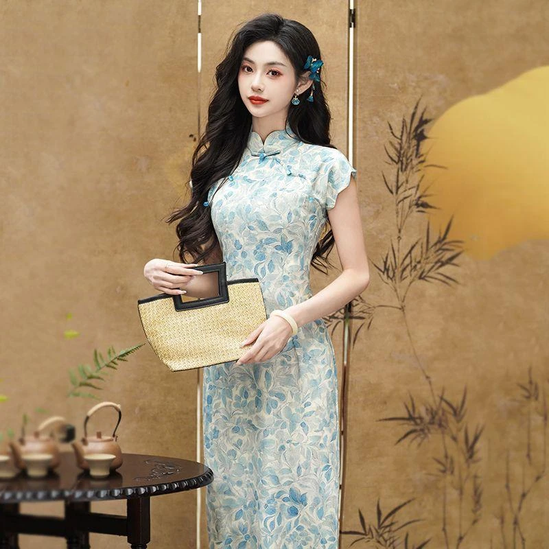 【柔蓝蔓花】年轻款长款旗袍夏季新款日常少女连衣裙中国风改良薄款