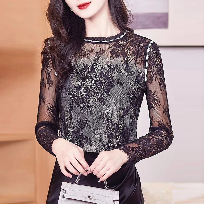 黑色蕾丝衬衫气质显瘦长袖洋气时尚百搭衬衫T0646