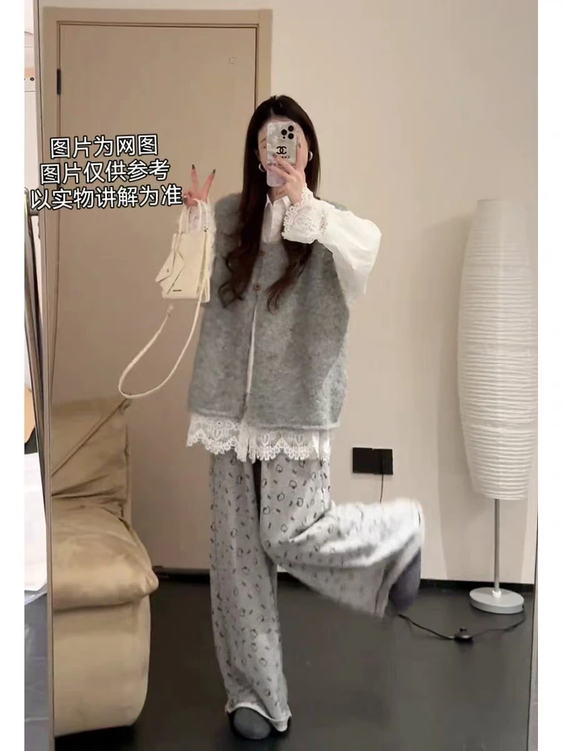 2025春季新款大码女装套装韩版慵懒风马甲＋花边衬衫＋阔腿裤