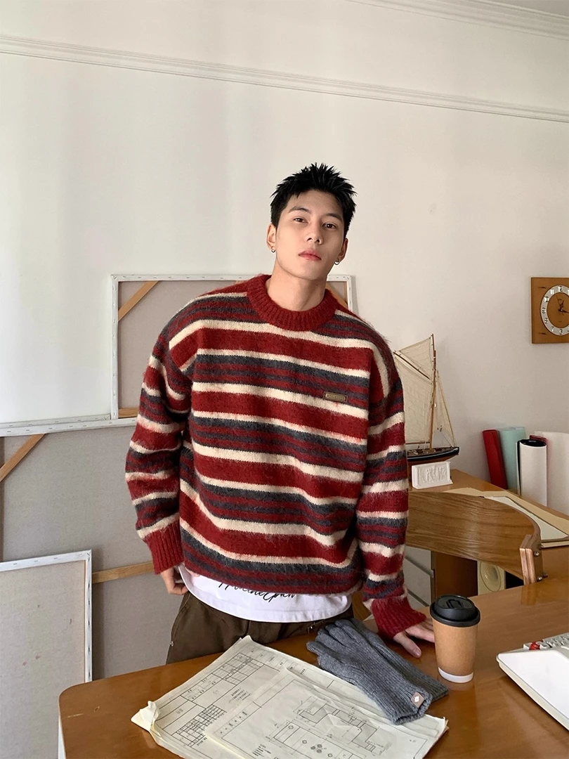 冬季美式复古学院风条纹圆领毛衣男女潮牌美式慵懒风百搭针织衫潮