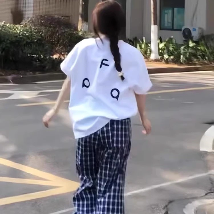 时尚运动套装美式复古小个子简约2025年夏季新款阔腿格子裤两件套