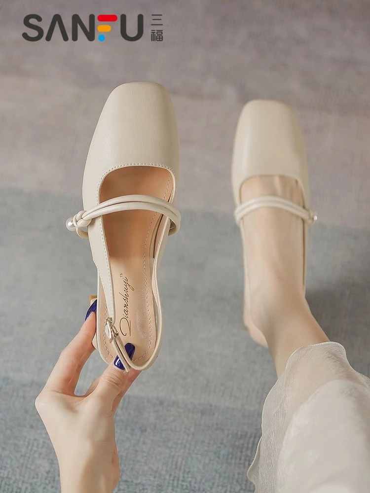 三福真皮包头凉鞋女夏季2025新款法式外穿仙女低跟中跟粗跟高跟鞋