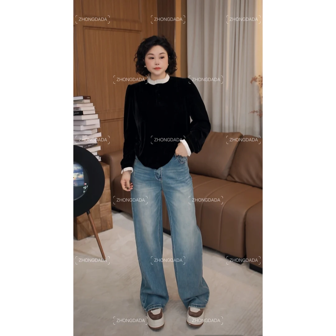 ZHONG大大【】复古直筒牛仔裤女春季新款设计感洗水阔腿裤子50768