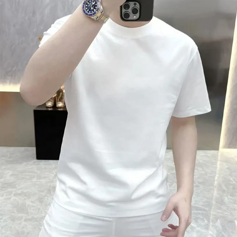 夏季男士新款短袖T恤纯棉品质简约圆领高档纯色打底衫修身男士装